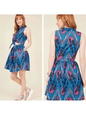 MODCLOTH Where My Picnic People A-Line Dress Blue Pink Magnet Print Womens Sz 2X